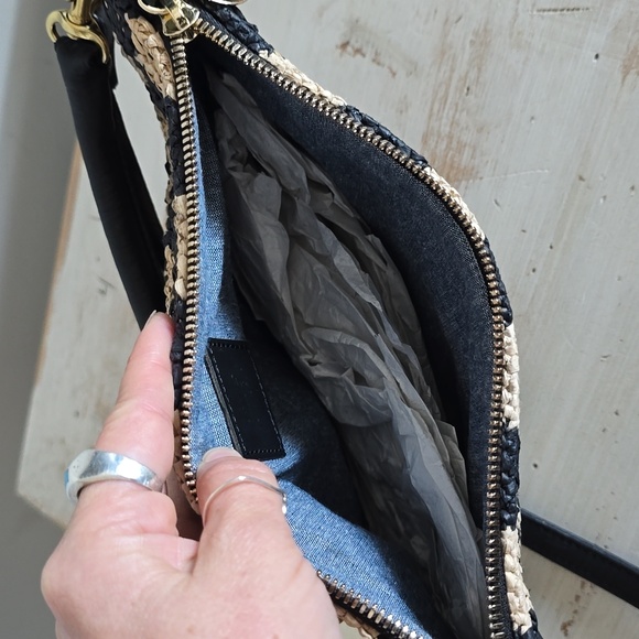 Clare V. Petit Moyen Leather Messenger Bag - Black/Natural Checker Raffia - Picture 9 of 15